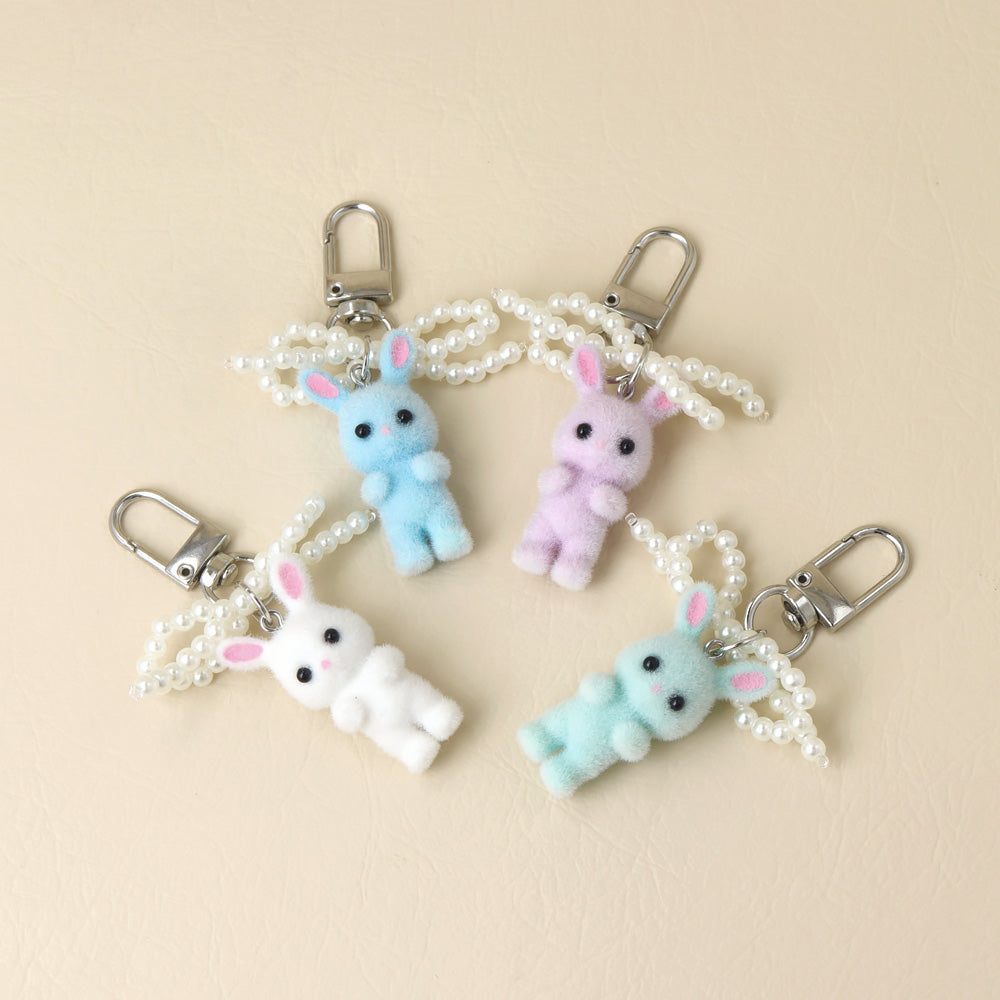バッグチャーム ウサギ リボン パール フロッキー キーホルダー