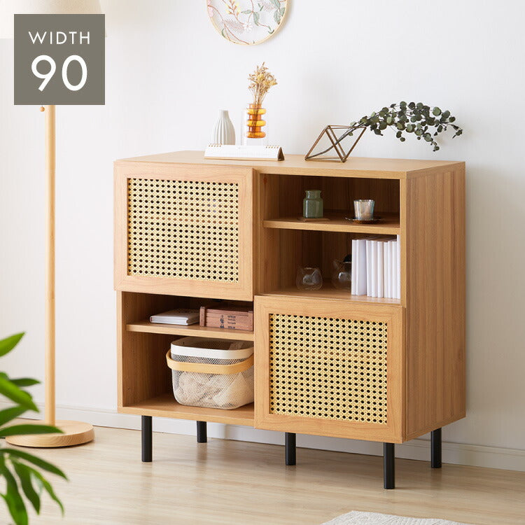 収納棚 幅90cm ラタン調 キャビネット サイドボード リビングボード
