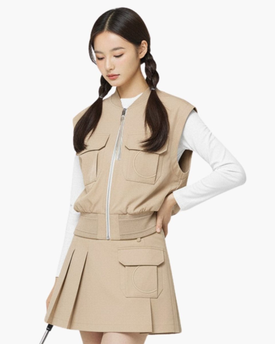 ゴルフウェア ベージュ ポケットベスト プリーツスカート セットアップ