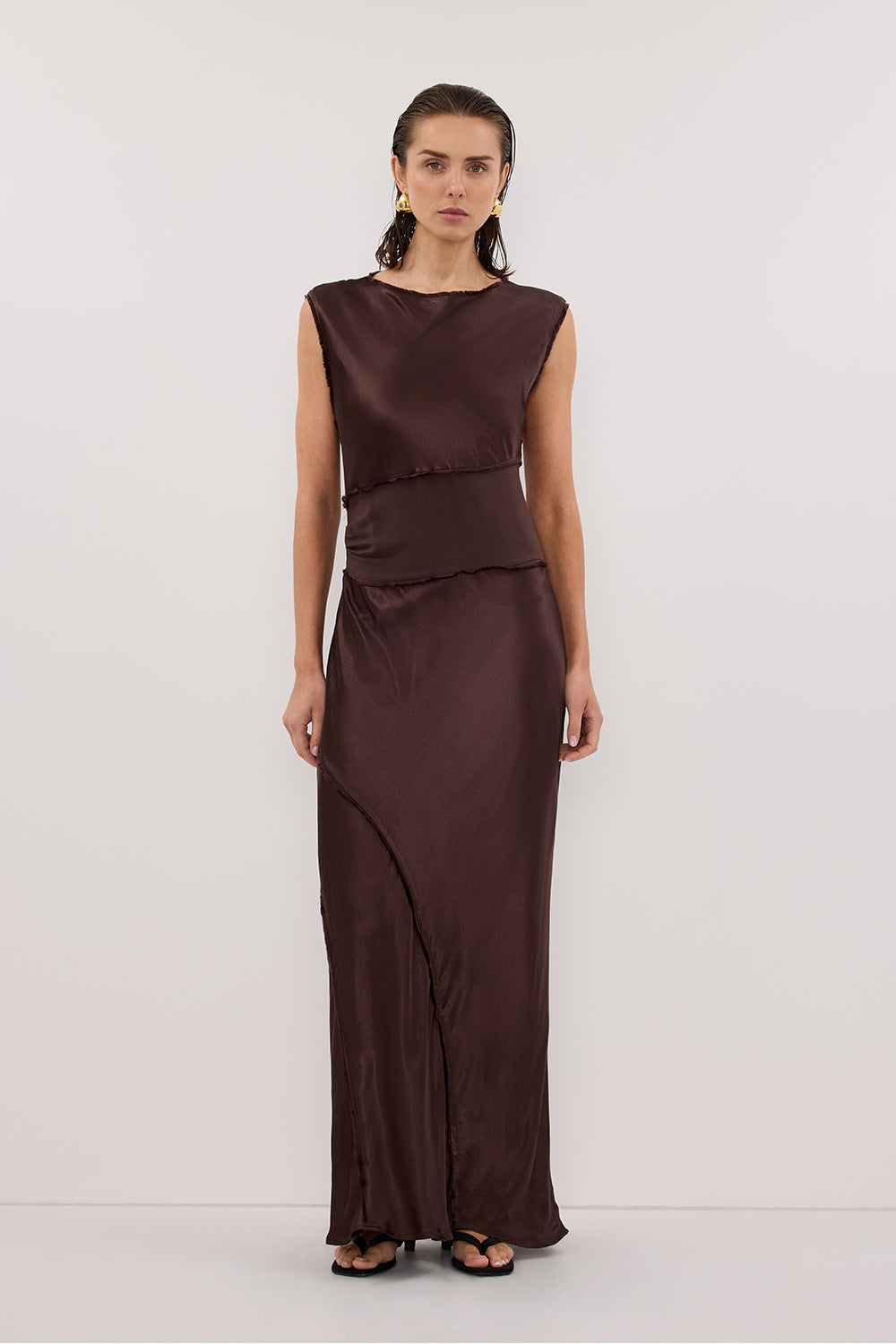 MONICA BITTER CHOC SATIN MIDI DRESS – DISSH
