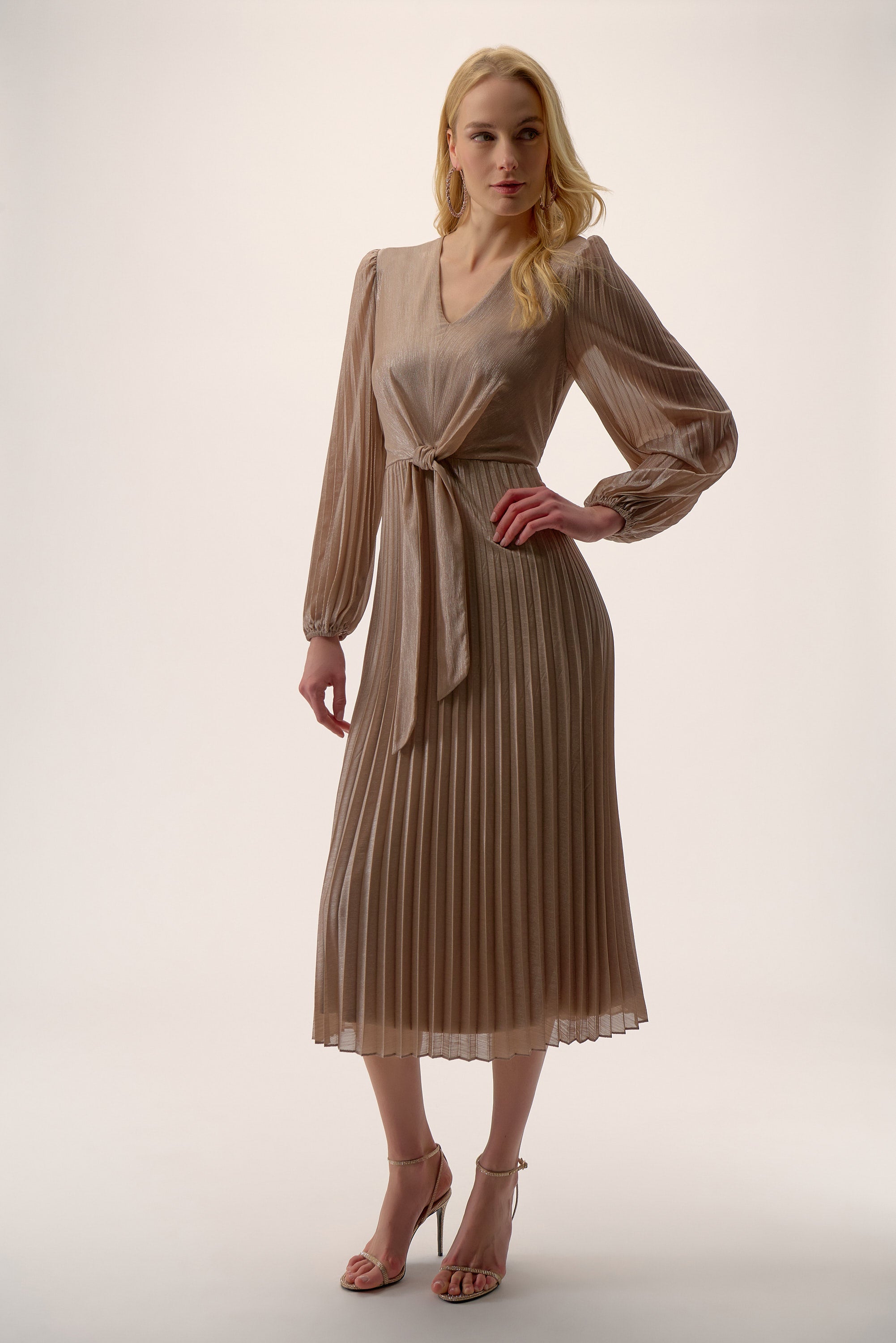 Joseph Ribkoff Taupe/Silver Fit and Flare Pleated Dress Style