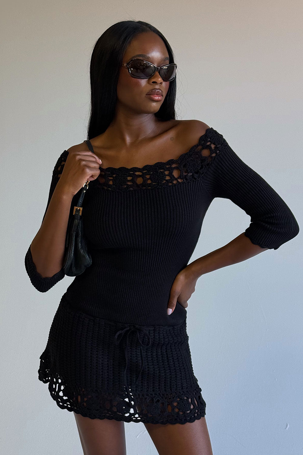 Kaia Crochet Knit Mini Dress - Black