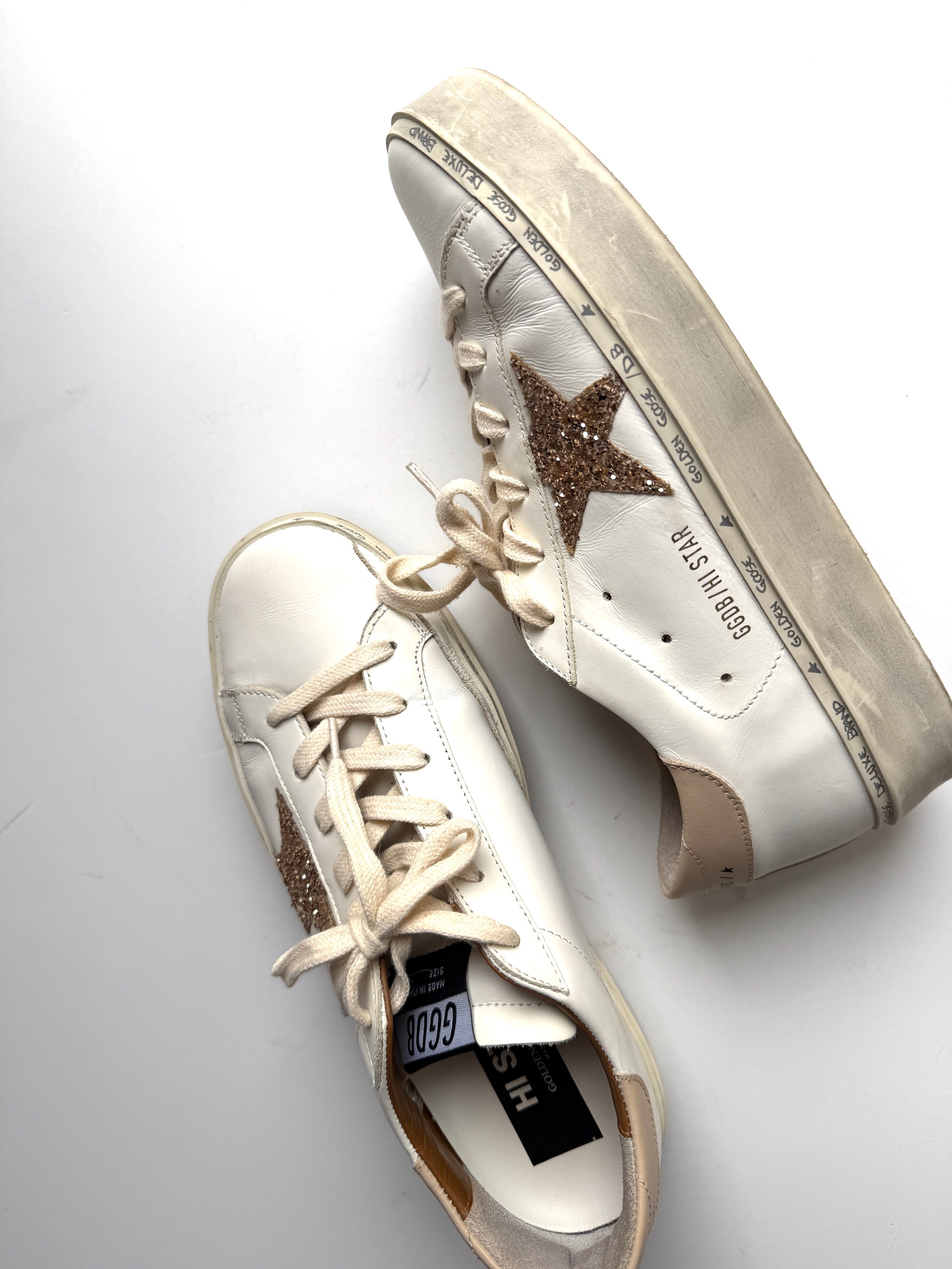 Golden Goose Hi Star White Gold Glitter Star Sneakers 39 – Fashion