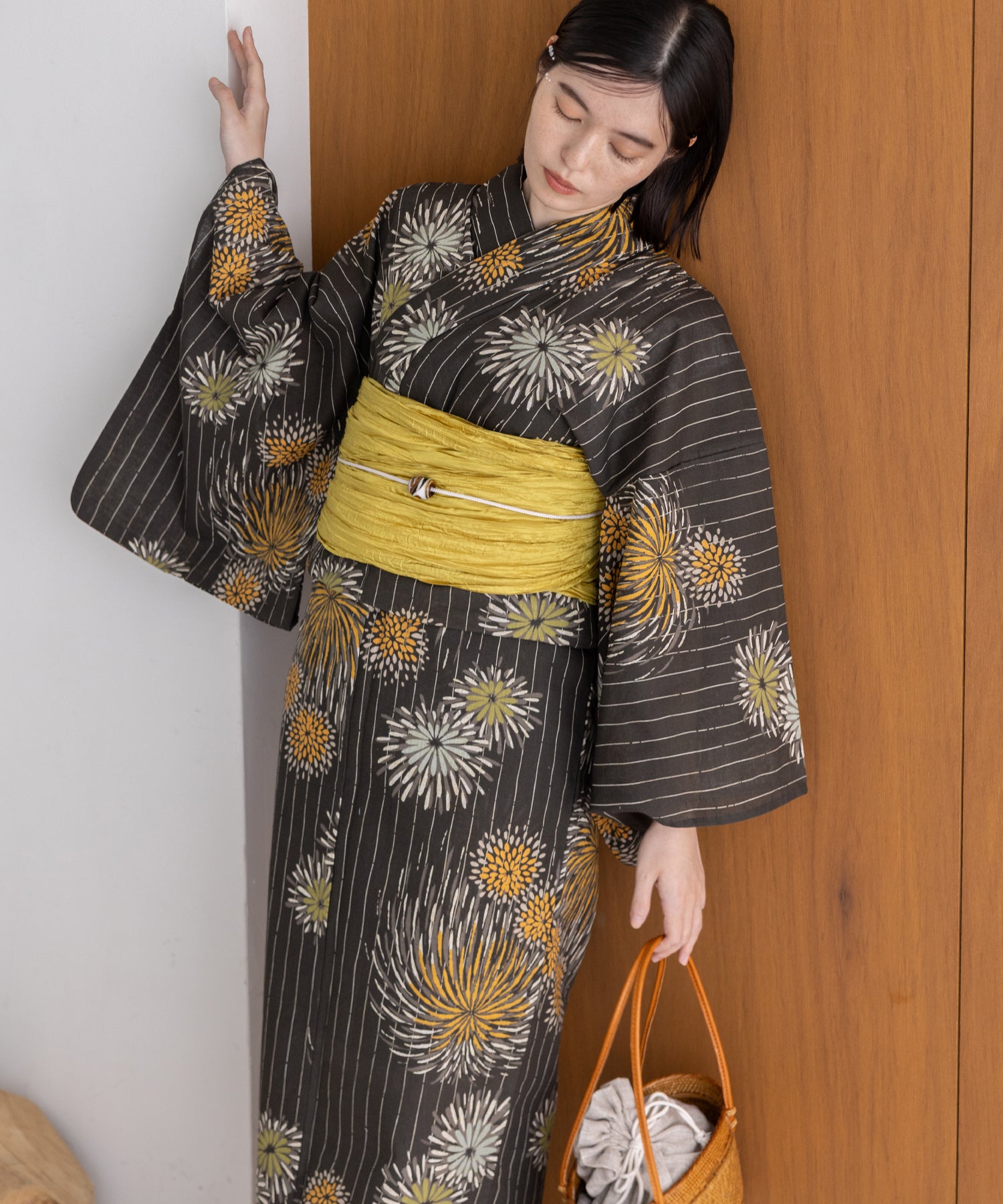 こだわり浴衣5点セット(浴衣/帯/下駄/腰紐/着付け冊子) 麻混 綿麻 先