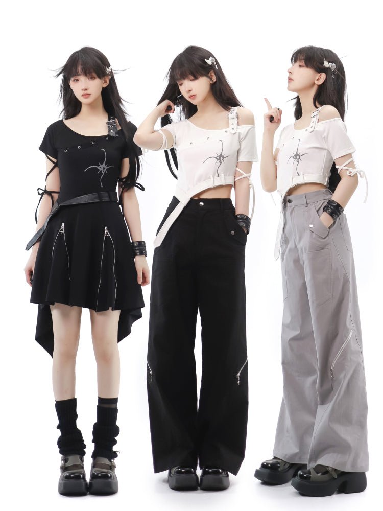 Y2K サイバーパンク風 ベルト使いトップスと、カーゴパンツ – 個性的な