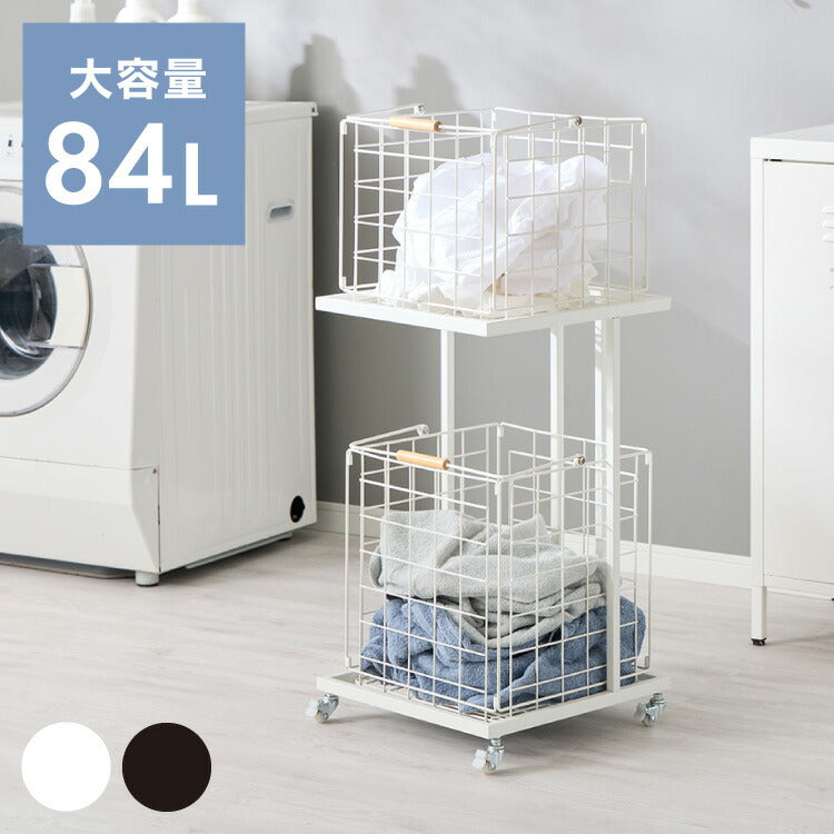 ランドリーバスケット 2段 木取っ手 角型 ランドリーワゴン 洗濯かご