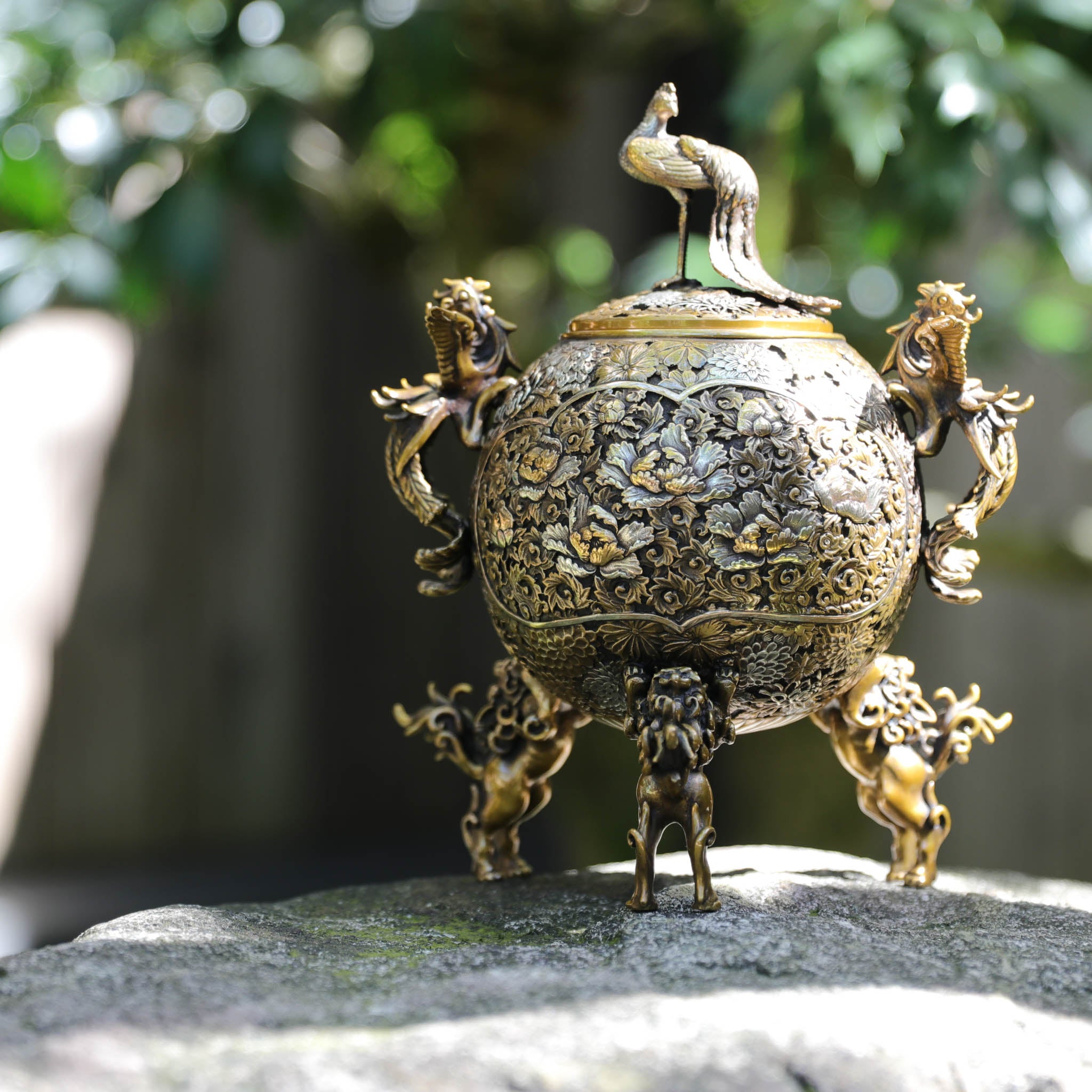 高岡銅器 香炉 | 玉型孔雀 彩色 | 銅 | 喜泉堂