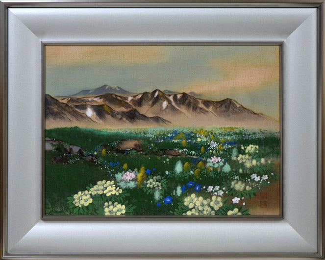 真作】絵画油彩8号春山遠望雪山と新緑の広がる風景画日本の四季W59
