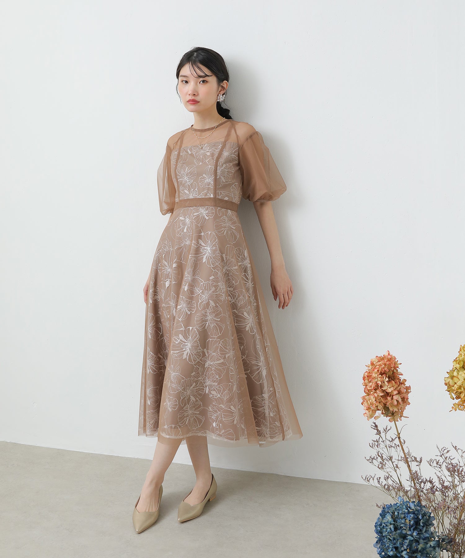 シアー フラワー刺繍 ワンピース パーティー ドレス