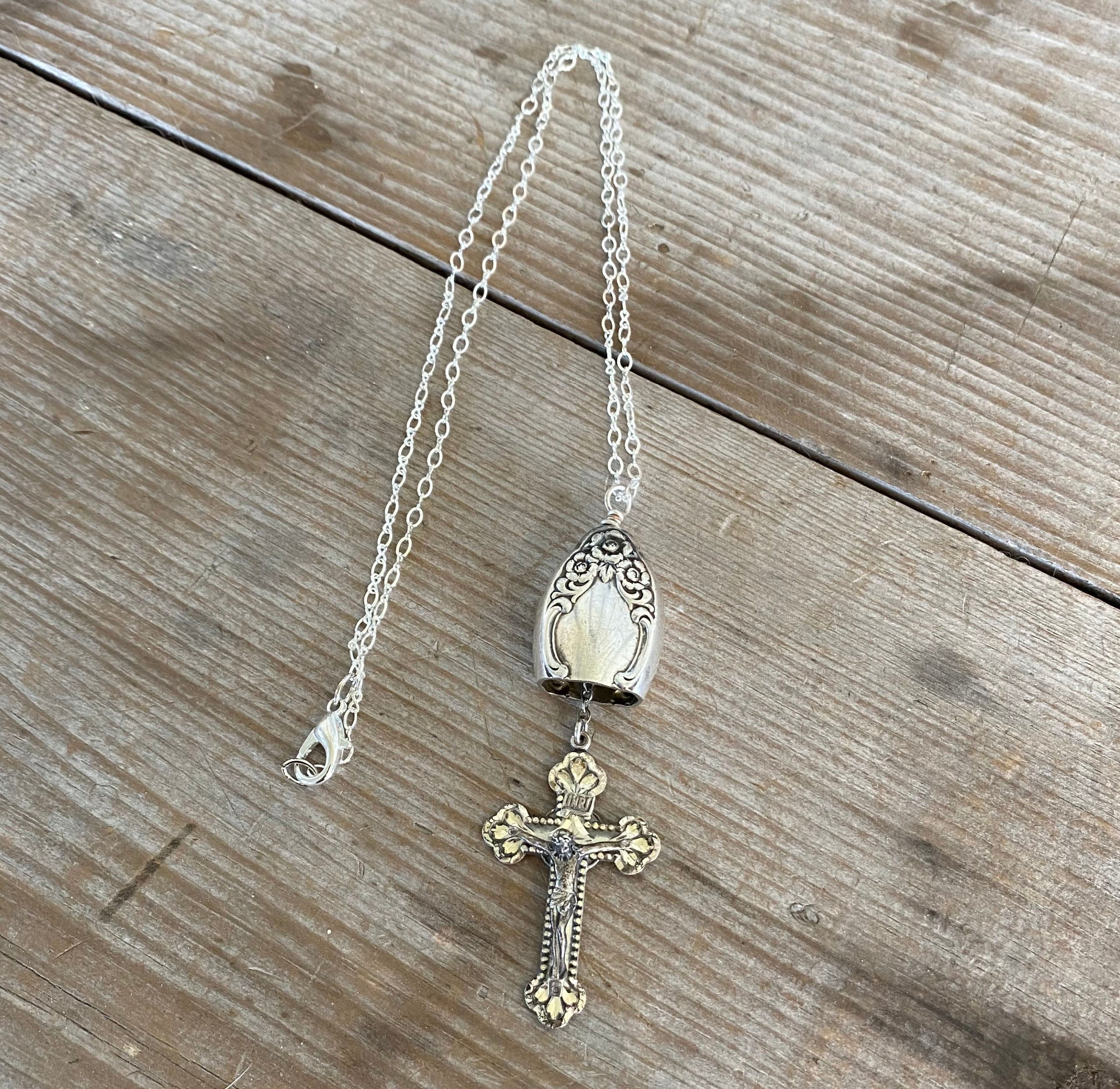 Knife Bell Necklace with Vintage Sterling Silver Rosary Cross
