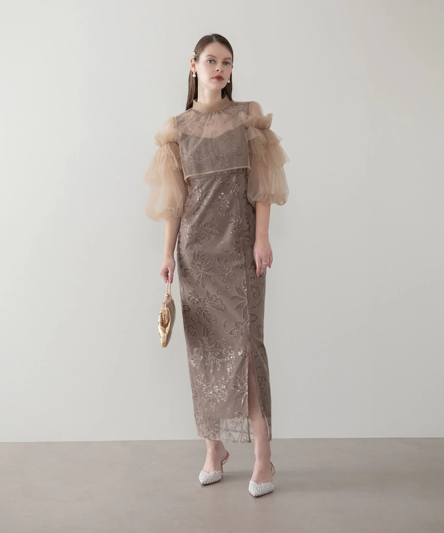 当日発送】フリルチュールスパンコールフローラルIラインワンピースドレス