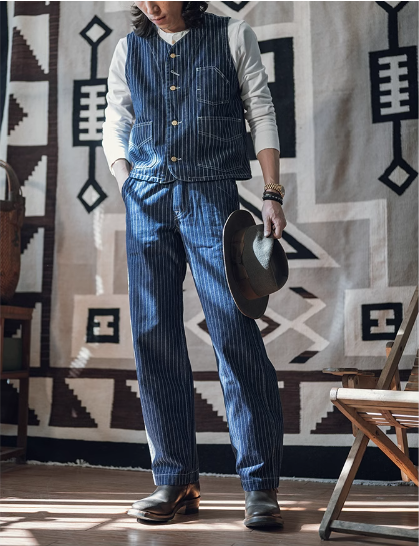 ◇ヴィンテージ復刻WABASH（鉄道員）ストライプデニム ベスト◇S～2XL