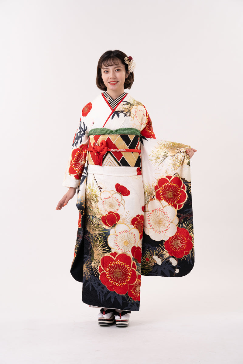 白地 松竹梅柄 正絹振袖【203】 – SAKURA TOKYO