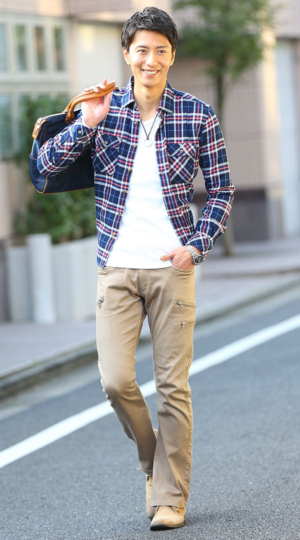 チェックシャツ カットソー チノパン snp_hy0474のコーディネート例