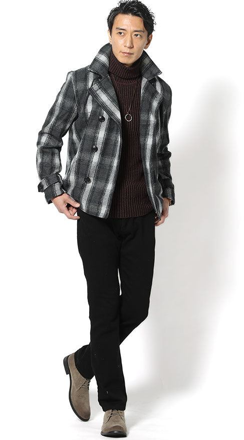 オンブレチェックPコート ワインニット 黒パンツ snp_in1250の