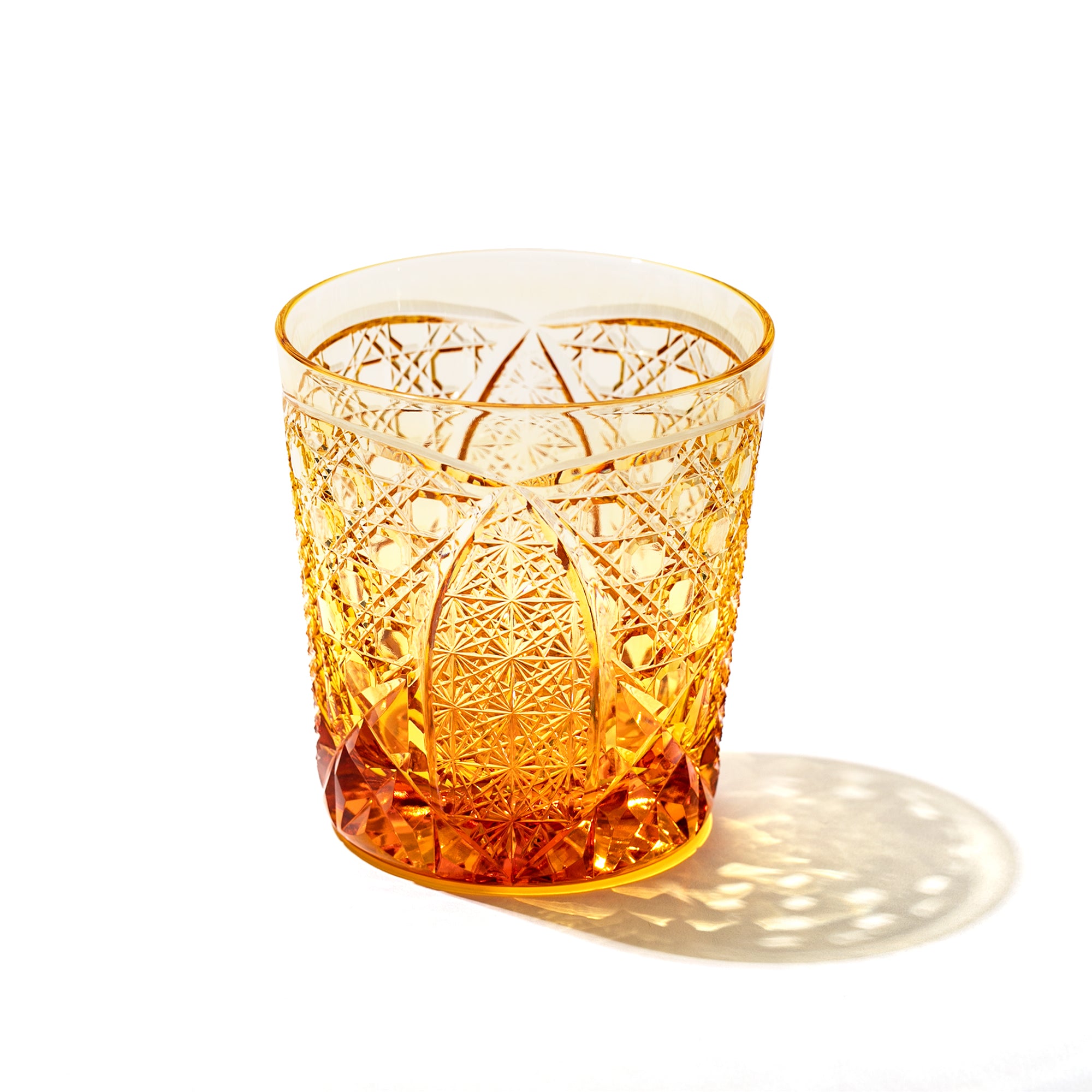江戸切子 伝統工芸士 木村泰典 作 菊繋ぎに籠目紋 オールドグラス 琥珀
