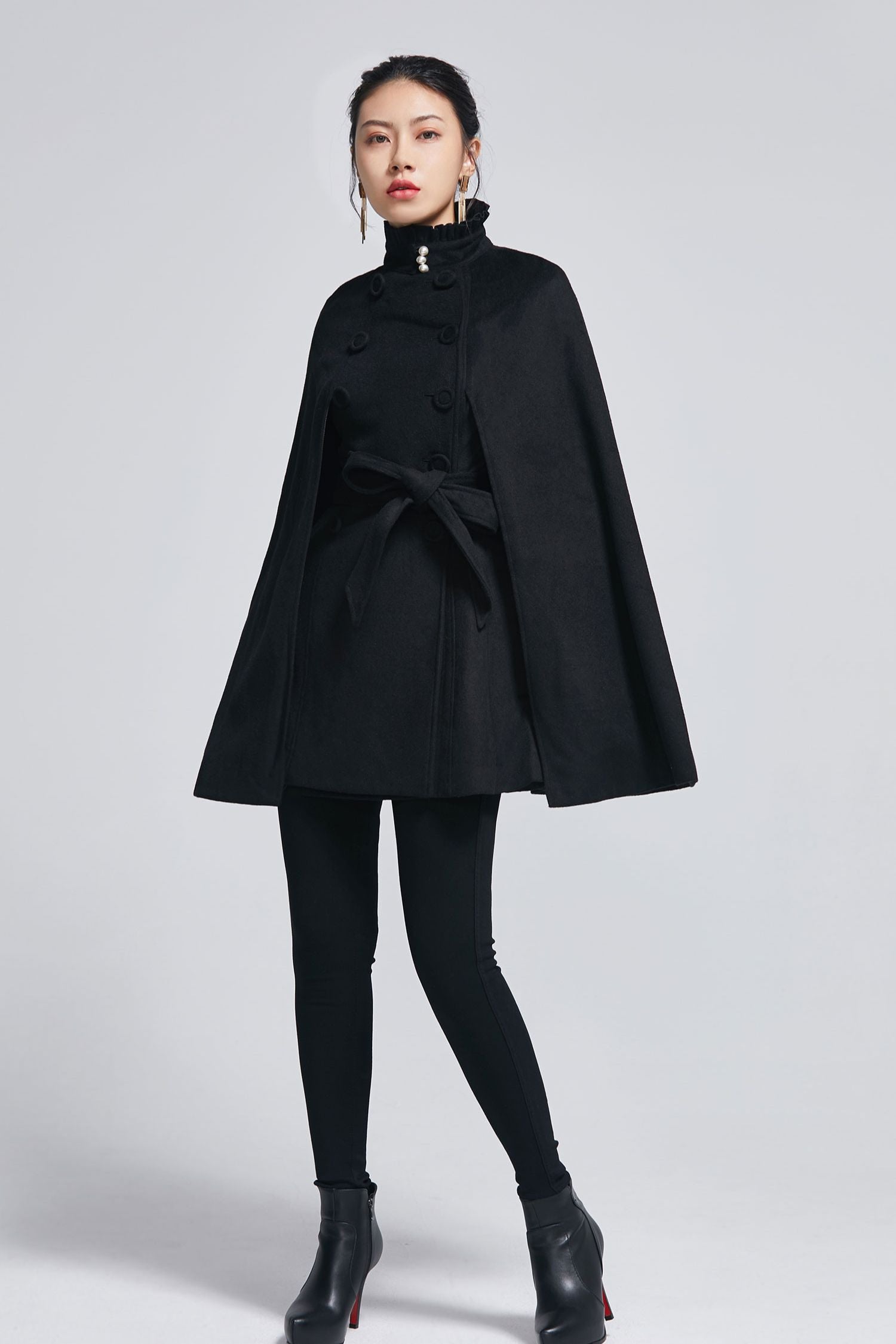 Black wool cape coat with self tie belt 2278 – Xiaolizi