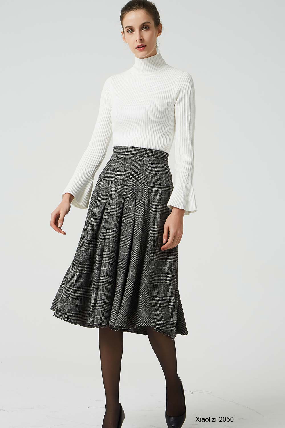 retro plaid wool skirt, pleated knee length skirt 2050 – Xiaolizi