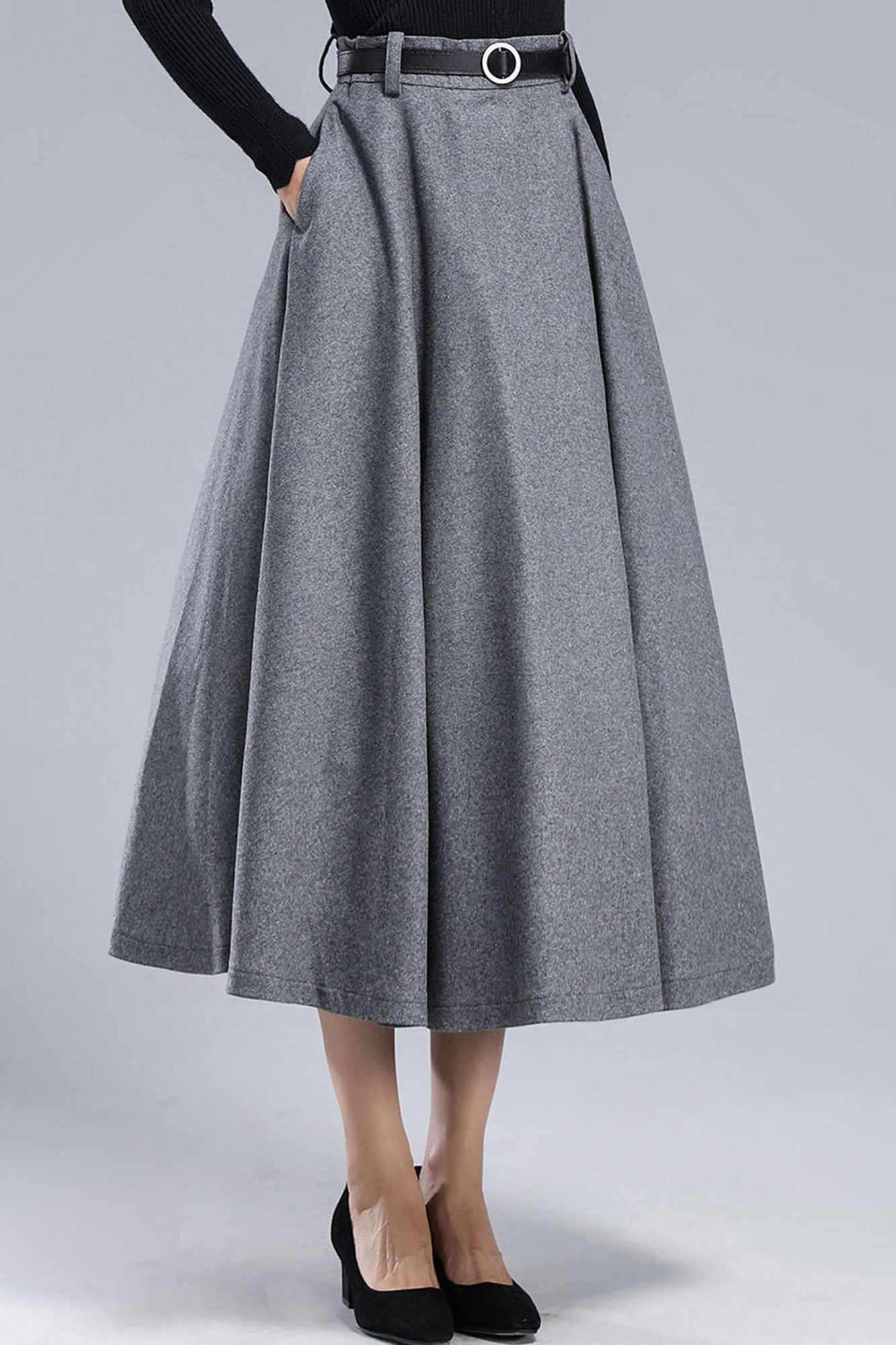 Dark Grey Long Wool Skirt Women 3165 – Xiaolizi