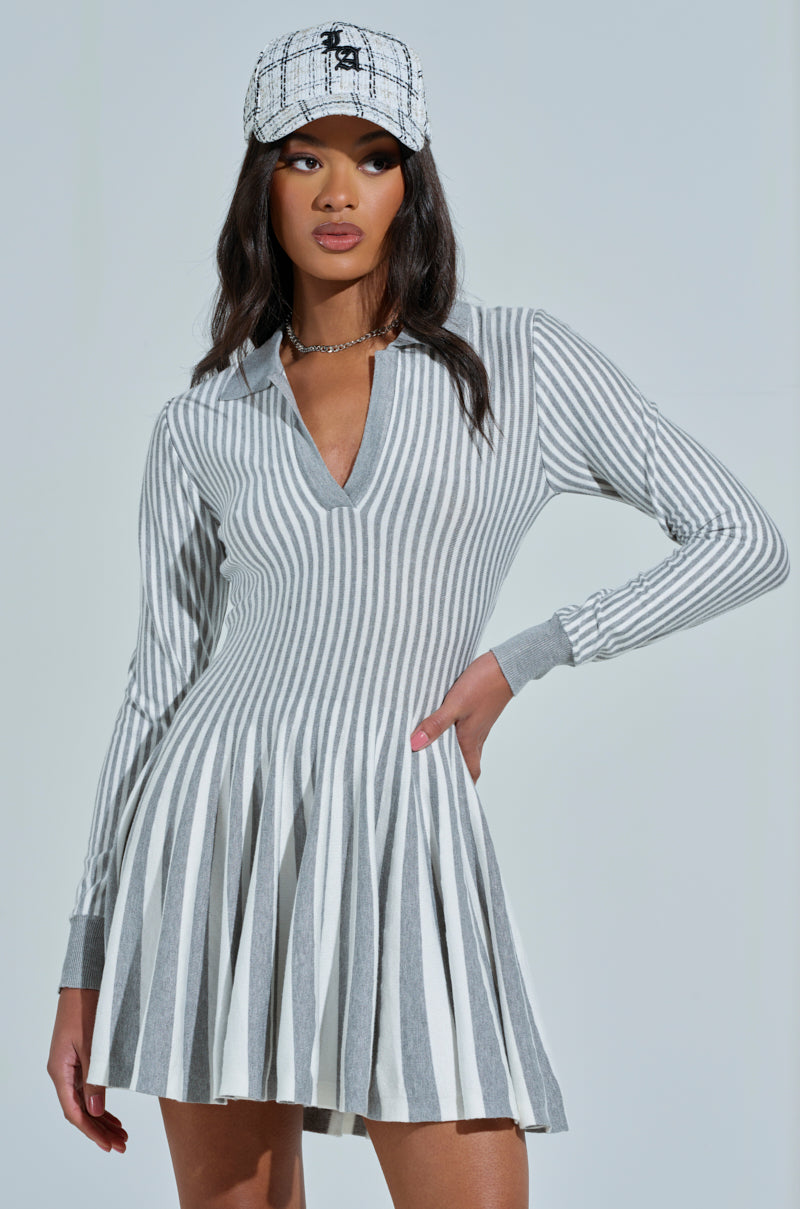 ALINA PLEATED KNIT FIT AND FLARE MINI DRESS WITH LONG SLEEVES IN