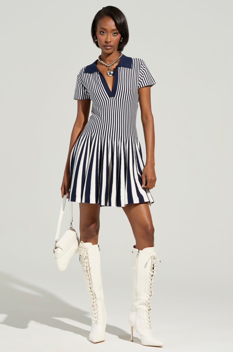 ALINA PLEATED KNIT FIT AND FLARE MINI DRESS IN NAVY – AKIRA