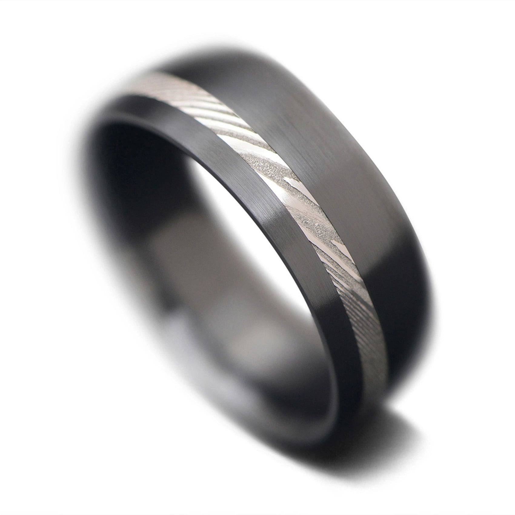 Men's Black Zirconium Wedding Band | Damascus Inlay | 7mm | Domed