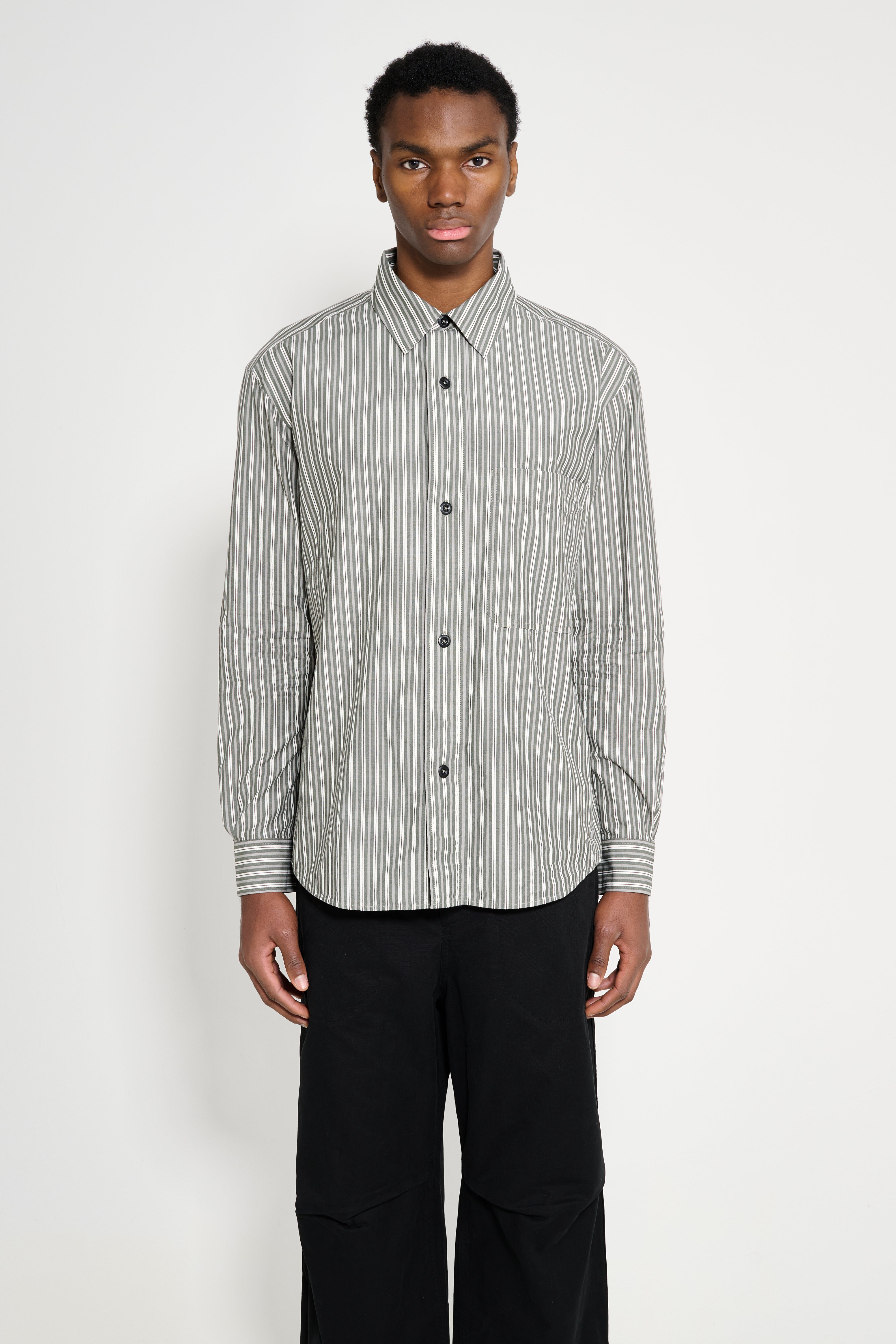 Margaret Howell MHL Basic Shirt Two Tone Cotton Stripe Forest