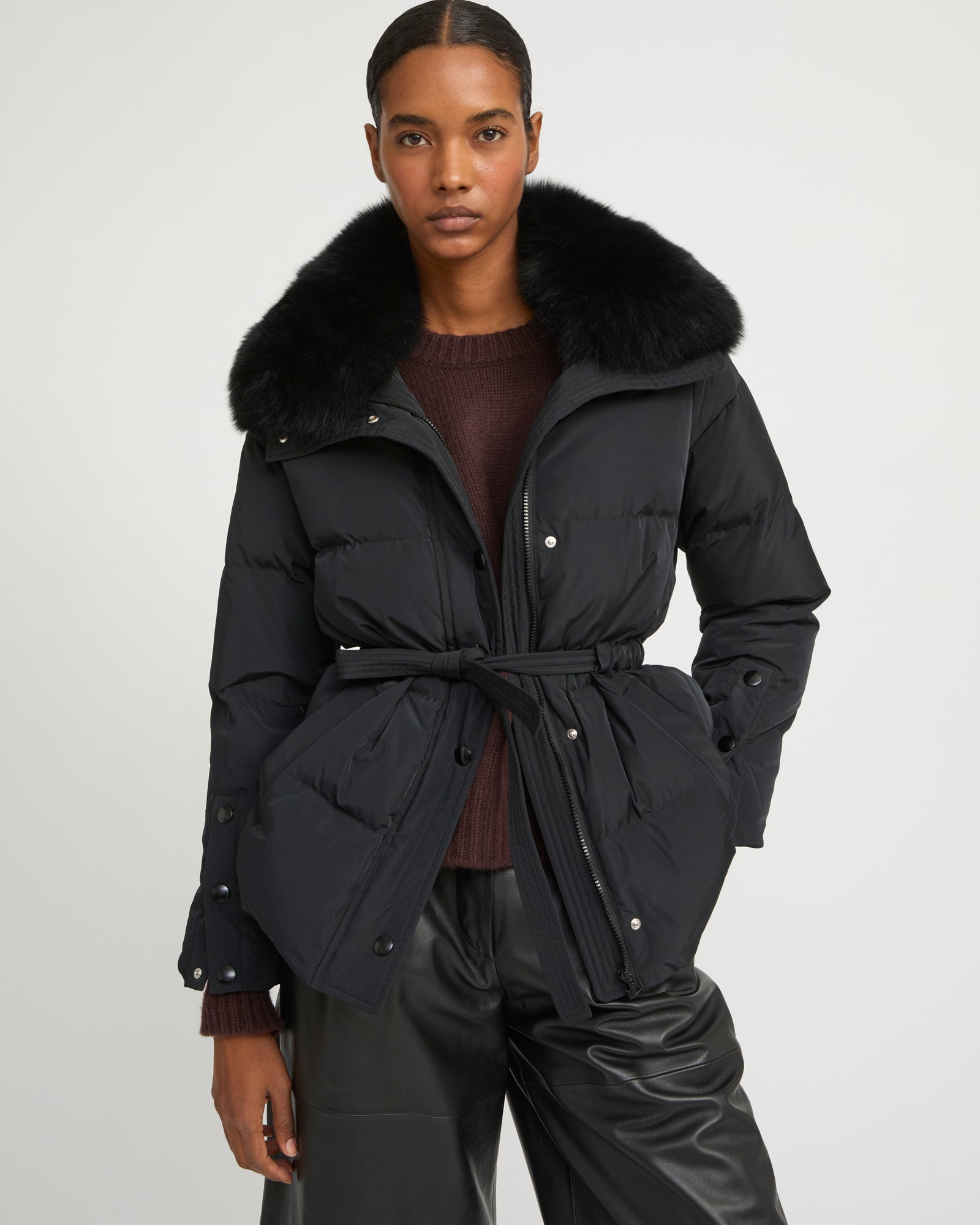 Belted technical fabric down jacket with detachable fox fur collar