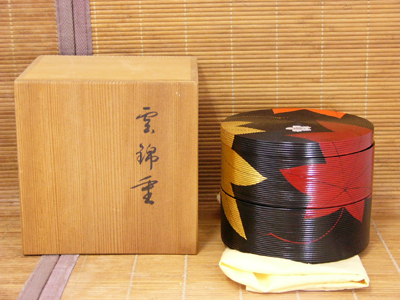 平安象彦 錦曇 木製 二段重箱 茶道具 和菓子 花見 未使用 平安象彦 錦