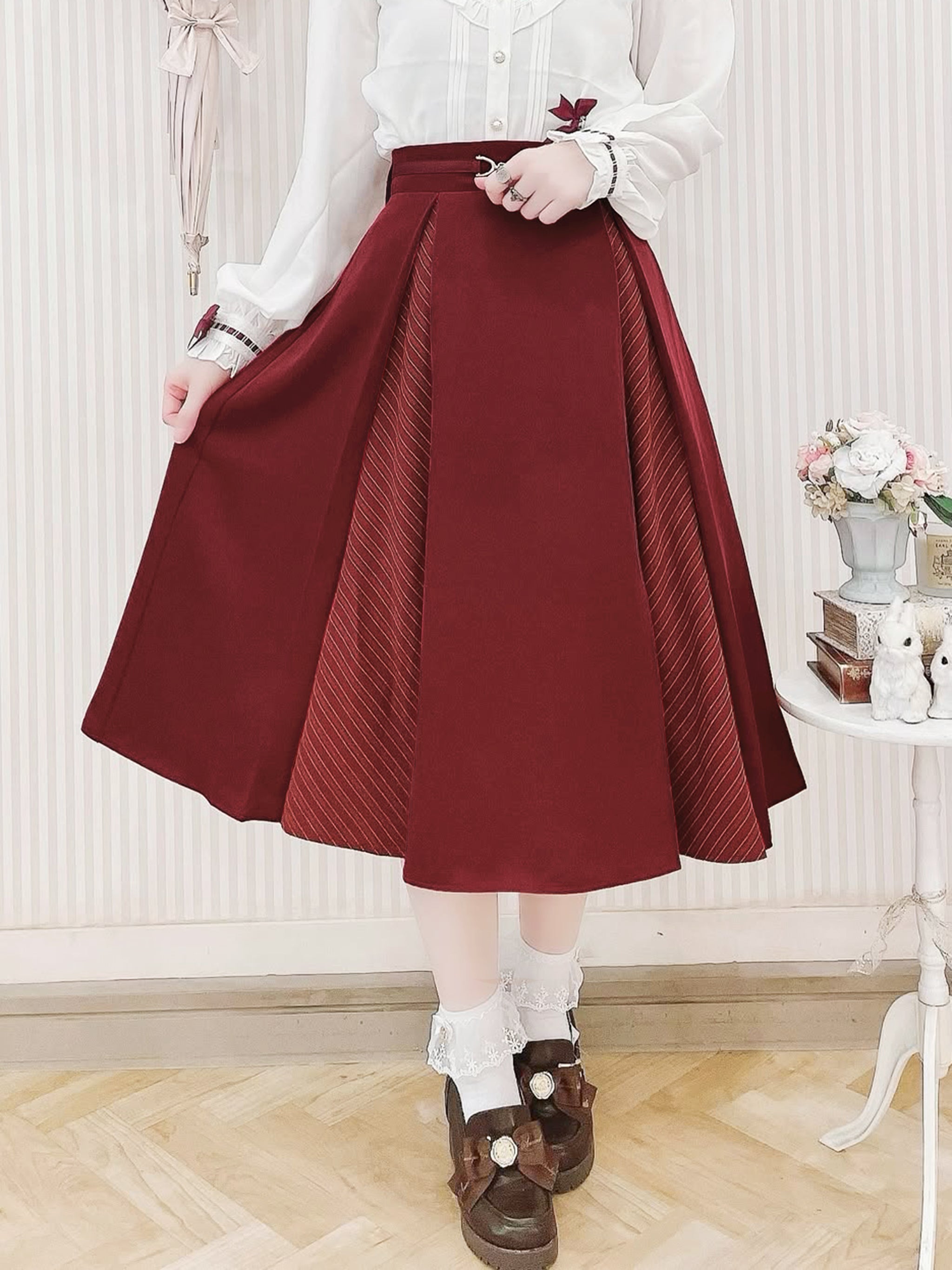 アウトレットセール対象】マチ切替ストライプミドル丈スカート