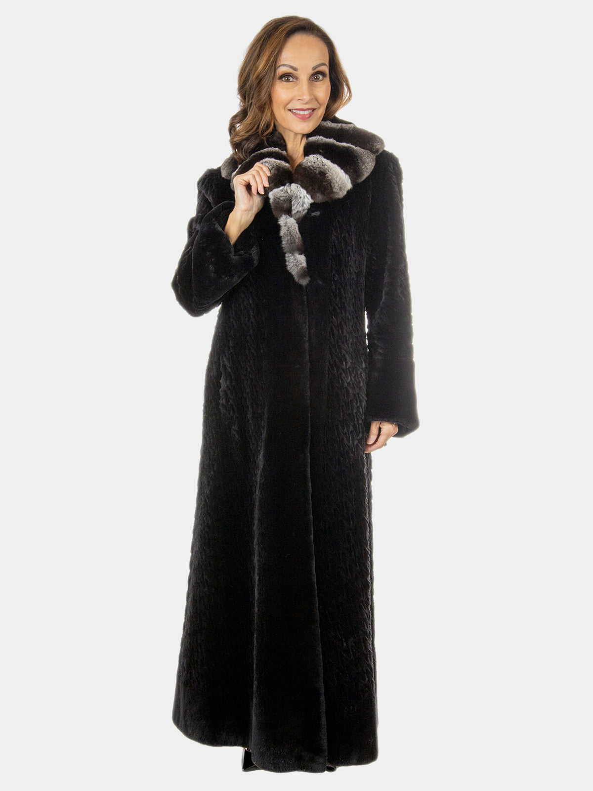 Musi Woman's Black Sheared And Laser Grooved Beaver Fur Coat with Cros