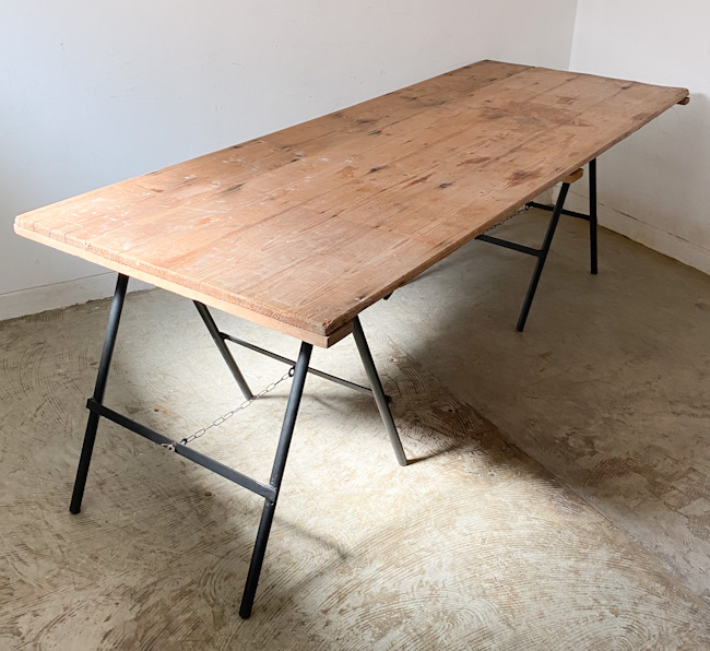 フランスアンティークパイントップアイアンレッグアトリエテーブル