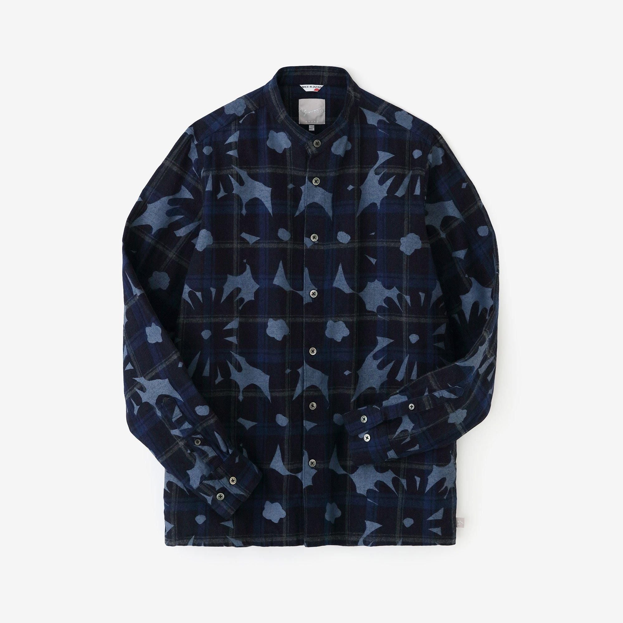 net限定】インディゴネルチェック スタンドカラーシャツ SP／おおらか