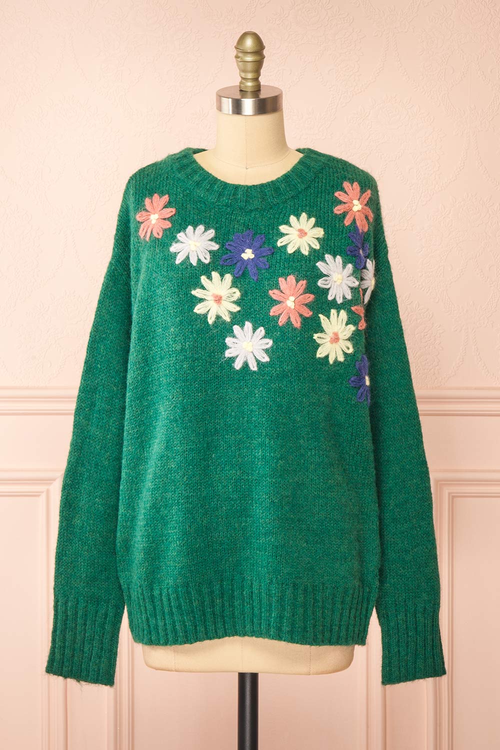 Grozjnat Green Knit Sweater w/ Floral Embroidery | Boutique 1861