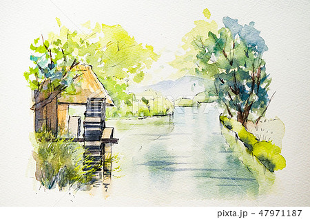 水彩画 風景画 長野県 安曇野 大王わさび農園のイラスト素材 [47971187