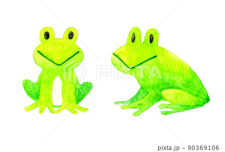 カエルのかわいいデフォルメイラスト2匹セット 初夏・梅雨の手描き水彩