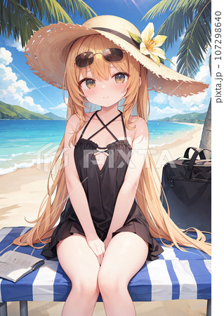 ビーチに座る水着の女の子 [AI生成画像]のイラスト素材 [107298640