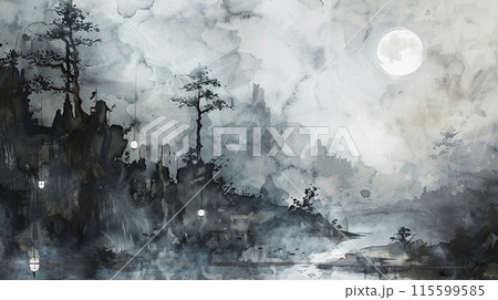月明かりの下の幻想的な湖畔風景の水墨画アートのイラスト素材