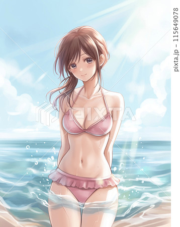 海の上にいるピンクのビキニの水着の若い女性 AI画像のイラスト素材