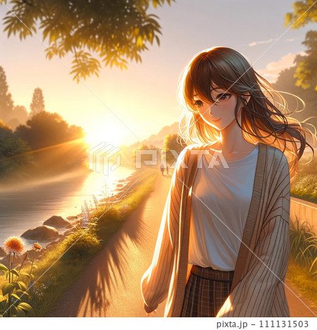 夕日に照らされる女性のイラスト素材 [111131503] - PIXTA