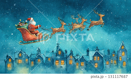 プレゼントを届けるサンタクロースとトナカイの夜空イラストのイラスト