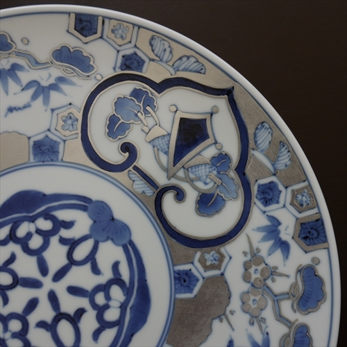 有田焼/福珠窯/染付銀蘭手/古伊万里松竹梅9寸平皿 /Φ27 X H1