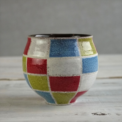 丹波立杭焼/稲右衛門窯/上中剛司/彩色カップ（市松）/Φ8 X H8.5