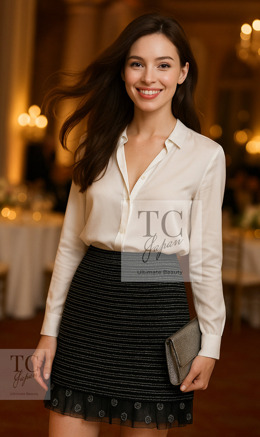 シャネル スカート CHANEL ブラック シルバー ヘンプ ツイード ミニ