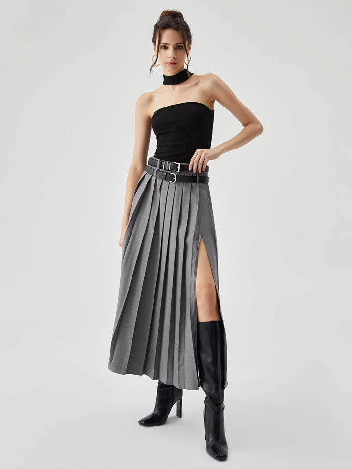 Pleated Split Maxi Skirt Without Belt | COMMENSE
