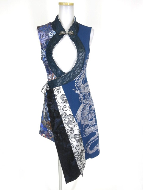 Qutie Frash 龍プリント和柄切替オフショルダー チュニック ポンチョ