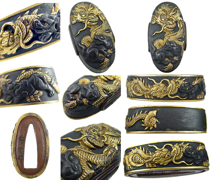 刀装具 脇差 柄前 鉄地縁頭 虎の図目貫 金山風透かし鍔 (江戸時代