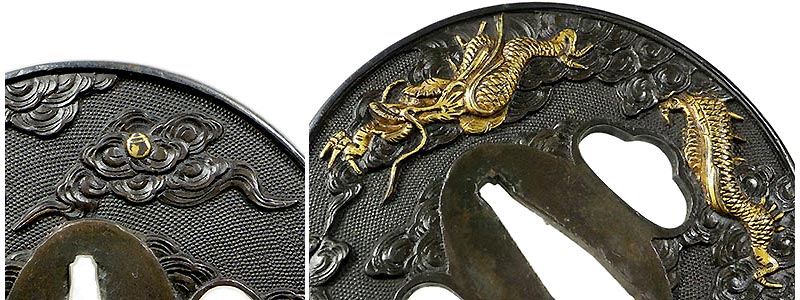 珍品 鉄鍔 鐔 (八代永吉作 菊花象嵌図) 江戸時代 志水永吉 甚吾 箱付き