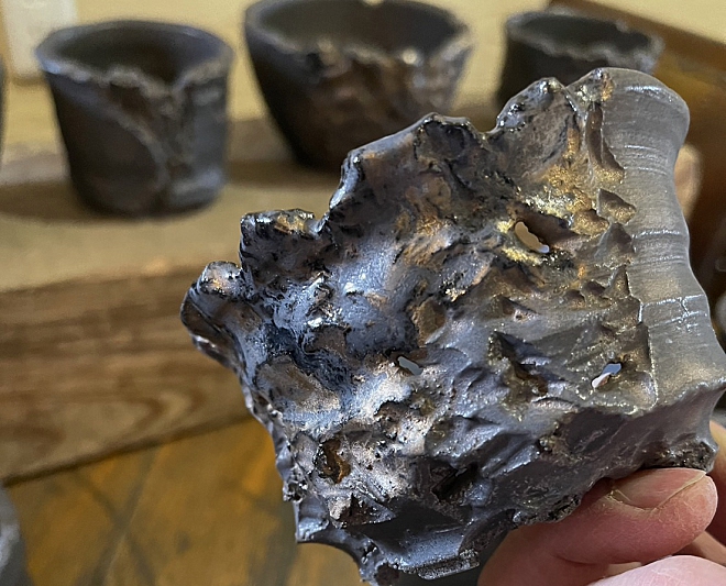 彫刻深山金鉢（BKACK＆GOLD） 厳つい鉢の表情が塊根植物とマッチ