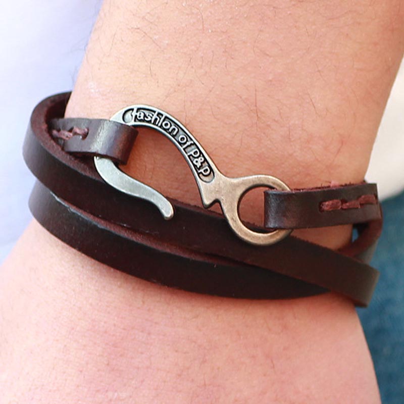 楽天市場】ブラウンレザーフィッシュフックラップブレスレット 茶色 革